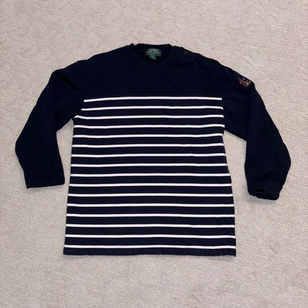 Ralph Lauren Petite Women's Navy Striped Crew Neck Sweater P/S Cotton Nautical